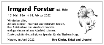 Traueranzeige von Irmgard Forster von Ostfriesischer Kurier GmbH