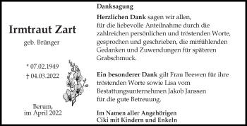 Traueranzeige von Irmtraut Zart von Ostfriesischer Kurier GmbH