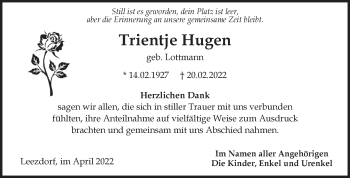 Traueranzeige von Trientje Hugen von Ostfriesischer Kurier GmbH