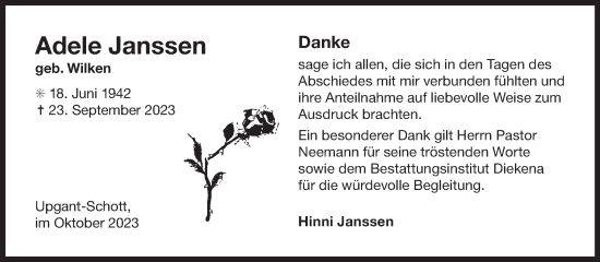 Traueranzeige von Adele Janssen von Ostfriesischer Kurier GmbH