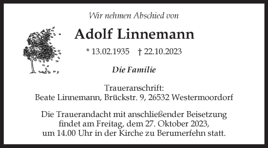 Traueranzeige von Adolf Linnemann von Ostfriesischer Kurier GmbH
