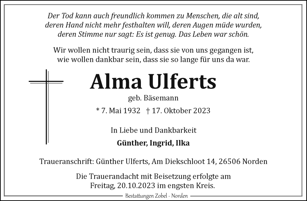  Traueranzeige für Alma Ulferts vom 21.10.2023 aus Ostfriesischer Kurier GmbH