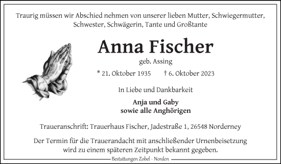 Traueranzeige von Anna Fischer von Ostfriesischer Kurier GmbH
