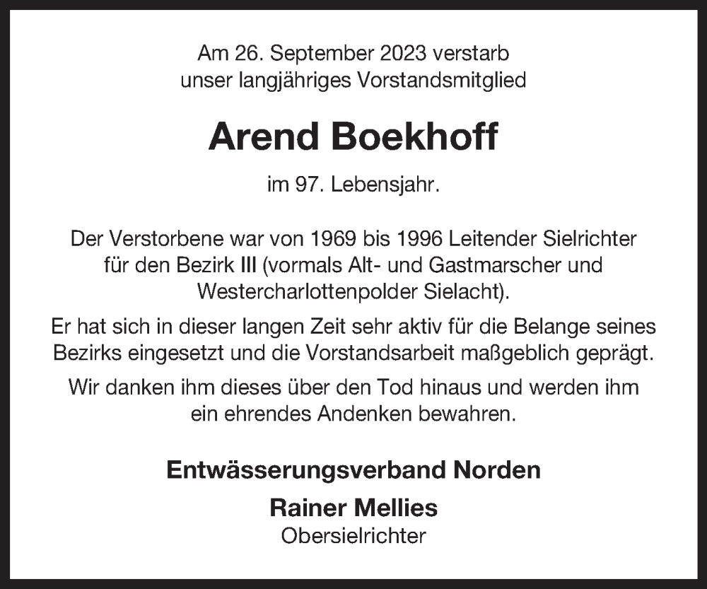  Traueranzeige für Arend Boekhoff vom 04.10.2023 aus Ostfriesischer Kurier GmbH