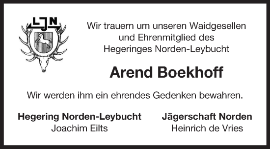 Traueranzeige von Arend Boekhoff von Ostfriesischer Kurier GmbH