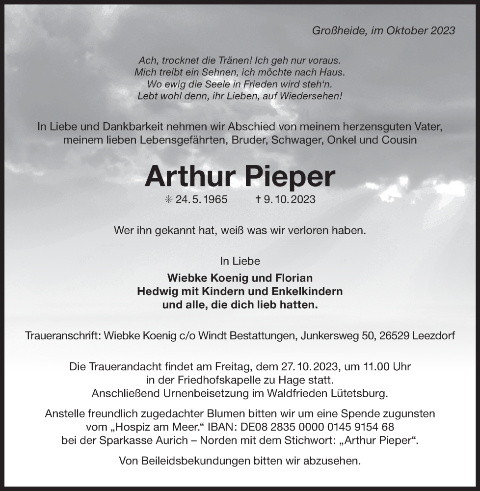 Traueranzeige für Arthur Pieper vom 14.10.2023 aus Ostfriesischer Kurier GmbH