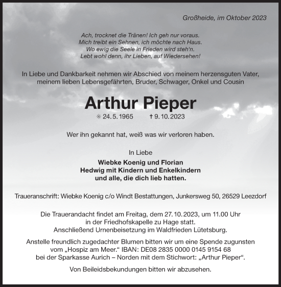 Traueranzeige von Arthur Pieper von Ostfriesischer Kurier GmbH