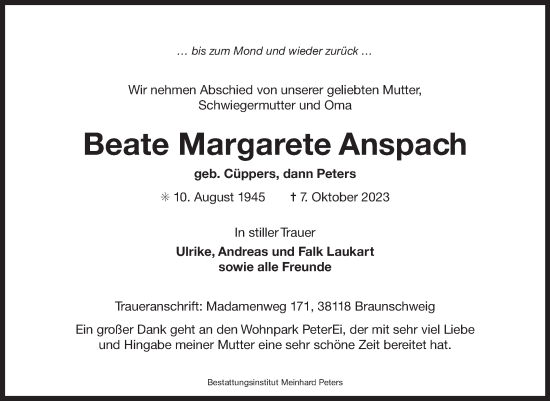 Traueranzeige von Beate Margarete Anspach von Ostfriesischer Kurier GmbH