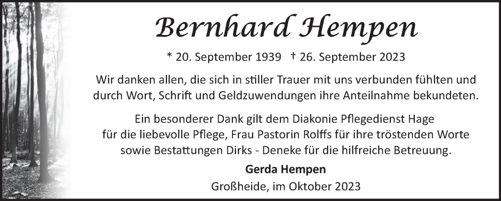  Traueranzeige für Bernhard Hempen vom 28.10.2023 aus Ostfriesischer Kurier GmbH
