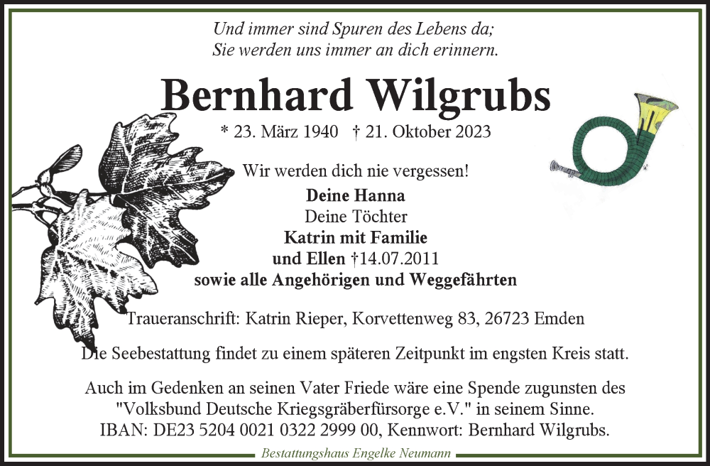 Traueranzeige für Bernhard Wilgrubs vom 28.10.2023 aus Ostfriesischer Kurier GmbH