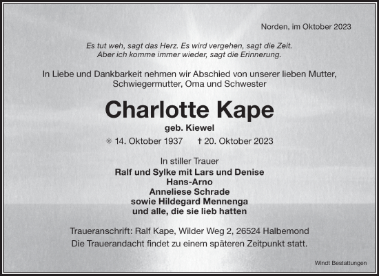 Traueranzeige von Charlotte Kape von Ostfriesischer Kurier GmbH
