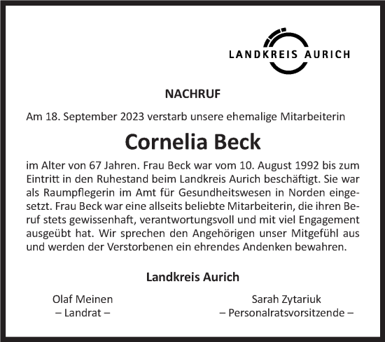 Traueranzeige von Cornelia Beck von Ostfriesischer Kurier GmbH