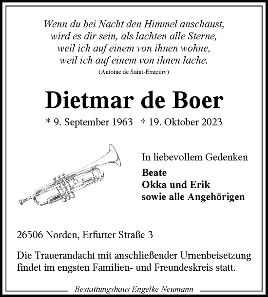 Traueranzeige von Dietmar de Boer von Ostfriesischer Kurier GmbH