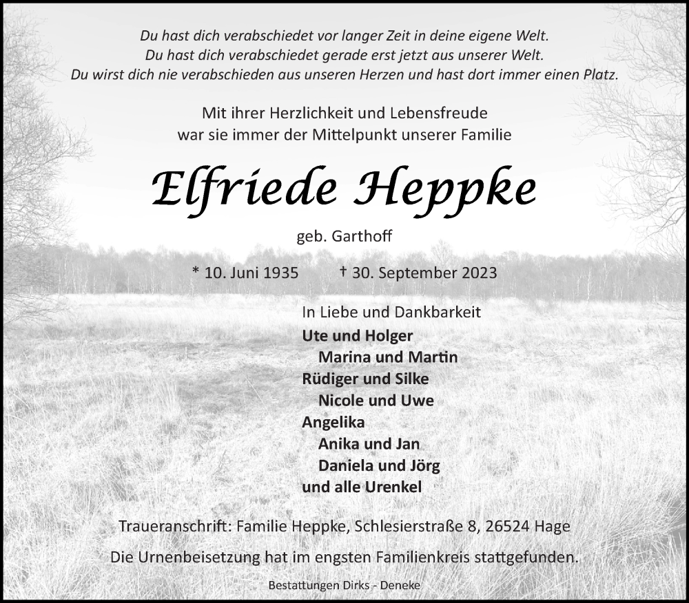  Traueranzeige für Elfriede Heppke vom 14.10.2023 aus Ostfriesischer Kurier GmbH