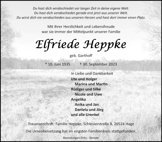 Traueranzeige von Elfriede Heppke von Ostfriesischer Kurier GmbH