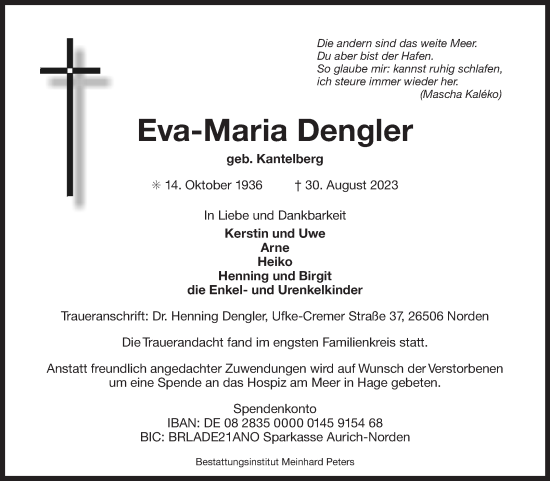 Traueranzeige von Eva-Maria Dengler von Ostfriesischer Kurier GmbH