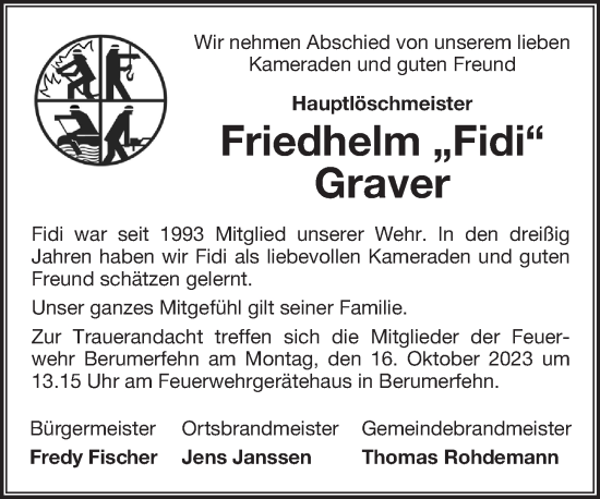 Traueranzeige von Friedhelm Graver von Ostfriesischer Kurier GmbH