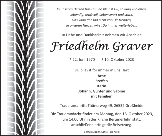 Traueranzeige von Friedhelm Graver von Ostfriesischer Kurier GmbH