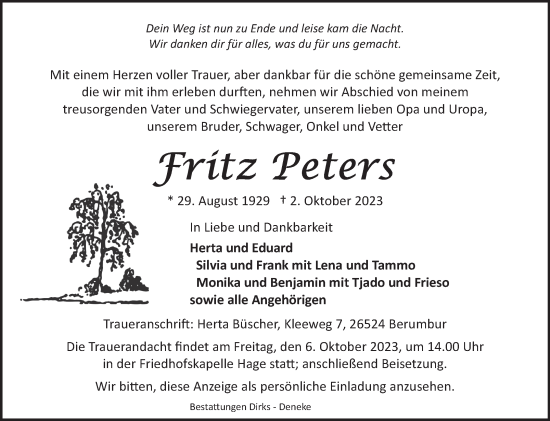 Traueranzeige von Fritz Peters von Ostfriesischer Kurier GmbH