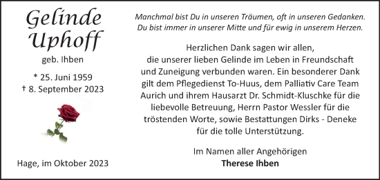 Traueranzeige von Gelinde Uphoff von Ostfriesischer Kurier GmbH