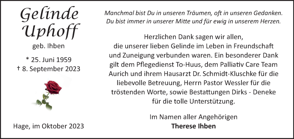  Traueranzeige für Gelinde Uphoff vom 21.10.2023 aus Ostfriesischer Kurier GmbH