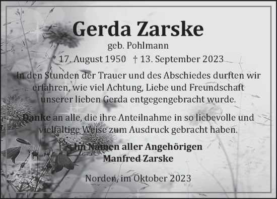 Traueranzeige von Gerda Zarske von Ostfriesischer Kurier GmbH