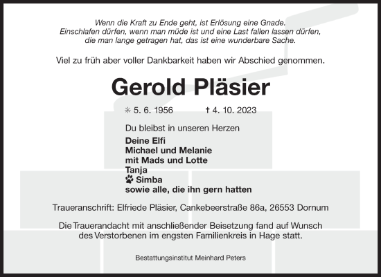 Traueranzeige von Gerold Pläsier von Ostfriesischer Kurier GmbH