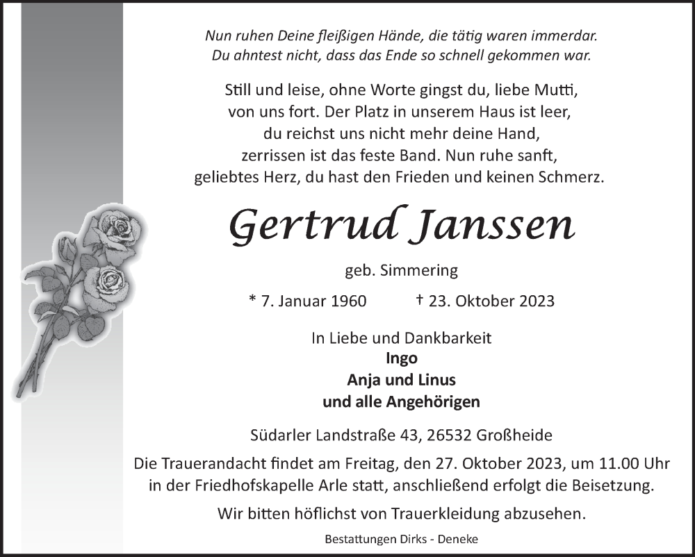  Traueranzeige für Gertrud Janssen vom 26.10.2023 aus Ostfriesischer Kurier GmbH