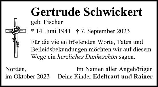 Traueranzeige von Gertrude Schwickert von Ostfriesischer Kurier GmbH
