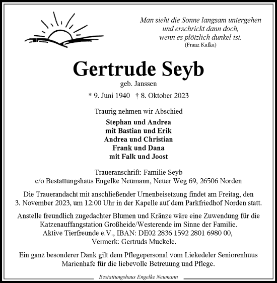Traueranzeige von Gertrude Seyb von Ostfriesischer Kurier GmbH