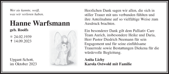 Traueranzeige von Hanne Warfsmann von Ostfriesischer Kurier GmbH
