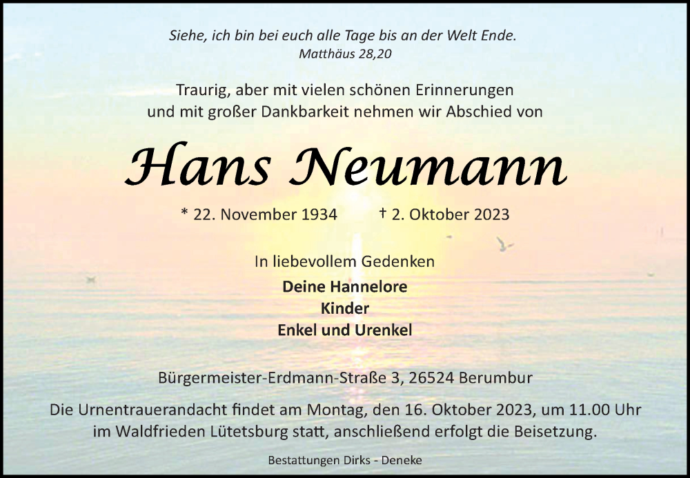  Traueranzeige für Hans Neumann vom 07.10.2023 aus Ostfriesischer Kurier GmbH