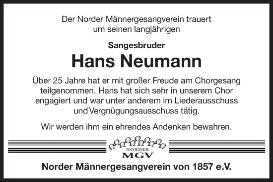 Traueranzeige von Hans Neumann von Ostfriesischer Kurier GmbH