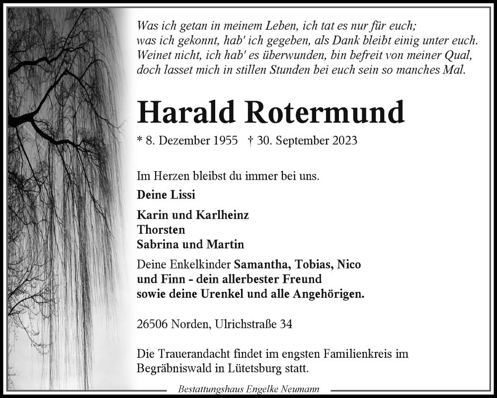  Traueranzeige für Harald Rotermund vom 07.10.2023 aus Ostfriesischer Kurier GmbH