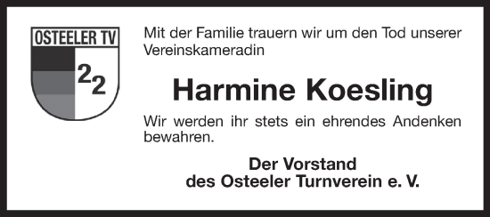 Traueranzeige von Harmine Koesling von Ostfriesischer Kurier GmbH