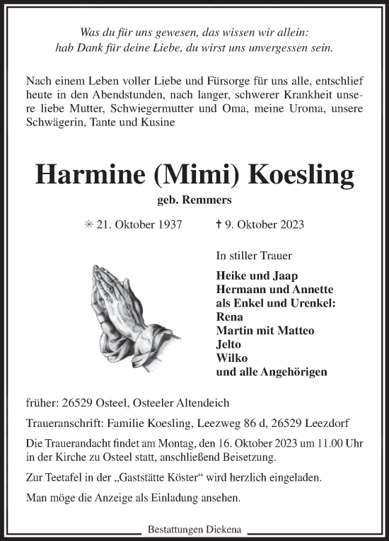 Traueranzeige von Harmine Koesling von Ostfriesischer Kurier GmbH