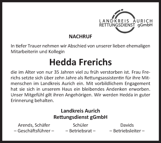 Traueranzeige von Hedda Frerichs von Ostfriesischer Kurier GmbH
