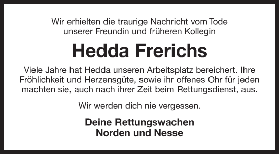 Traueranzeige von Hedda Frerichs von Ostfriesischer Kurier GmbH