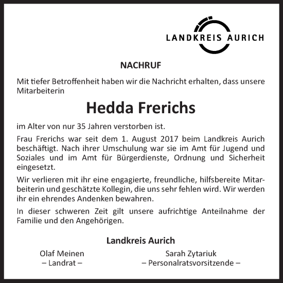 Traueranzeige von Hedda Frerichs von Ostfriesischer Kurier GmbH