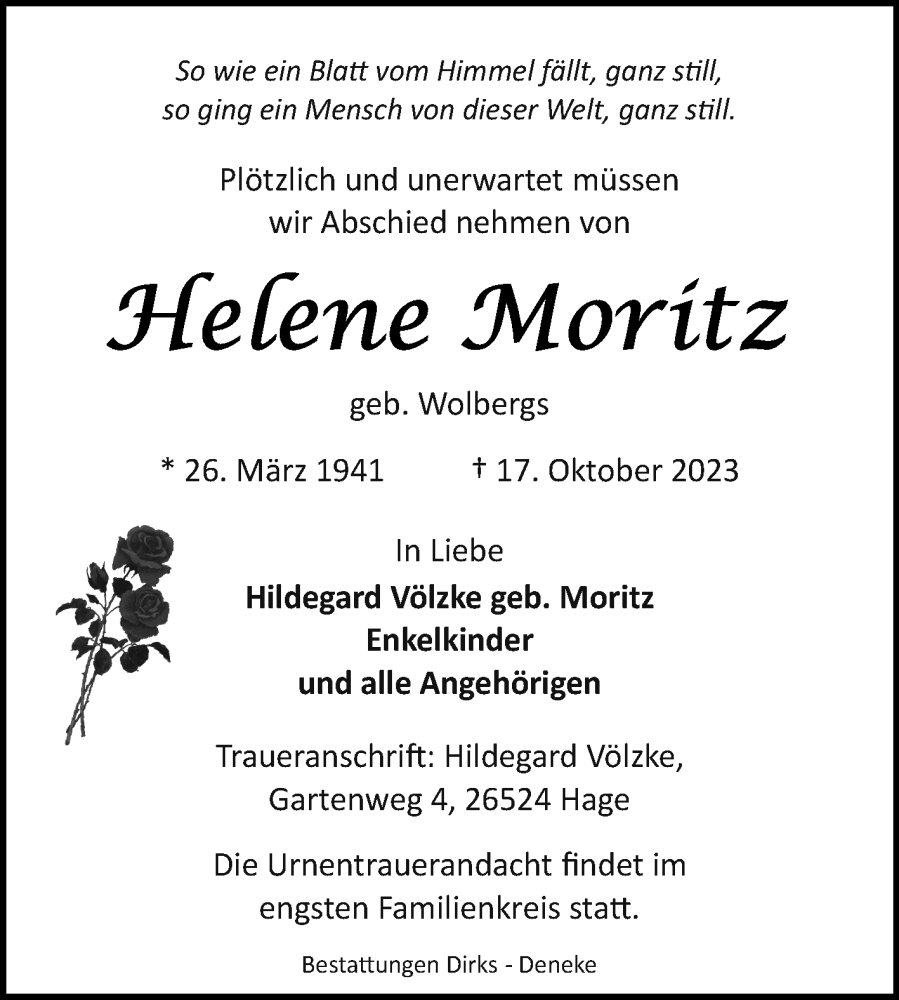  Traueranzeige für Helene Moritz vom 19.10.2023 aus Ostfriesischer Kurier GmbH