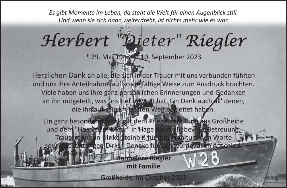 Traueranzeige für Herbert Dieter Riegler vom 28.10.2023 aus Ostfriesischer Kurier GmbH
