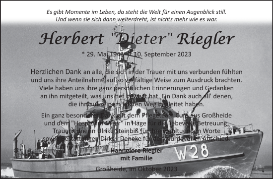 Traueranzeige von Herbert Dieter Riegler von Ostfriesischer Kurier GmbH