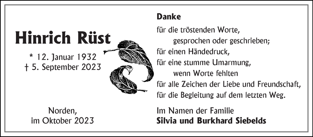  Traueranzeige für Hinrich Rüst vom 21.10.2023 aus Ostfriesischer Kurier GmbH