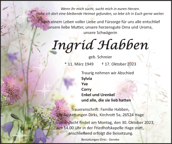 Traueranzeige von Ingrid Habben von Ostfriesischer Kurier GmbH