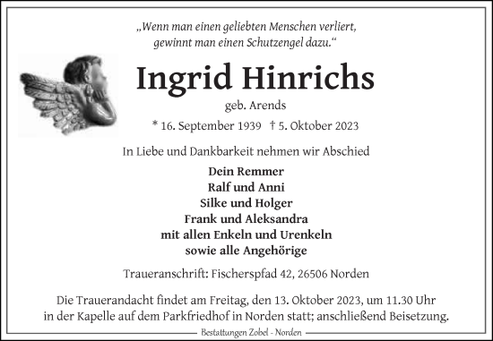 Traueranzeige von Ingrid Hinrichs von Ostfriesischer Kurier GmbH