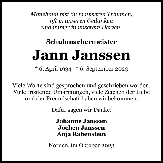 Traueranzeige von Jann Janssen von Ostfriesischer Kurier GmbH