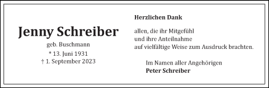 Traueranzeige von Jenny Schreiber von Ostfriesischer Kurier GmbH