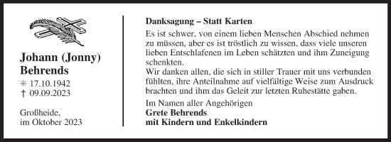 Traueranzeige von Johann Behrends von Ostfriesischer Kurier GmbH