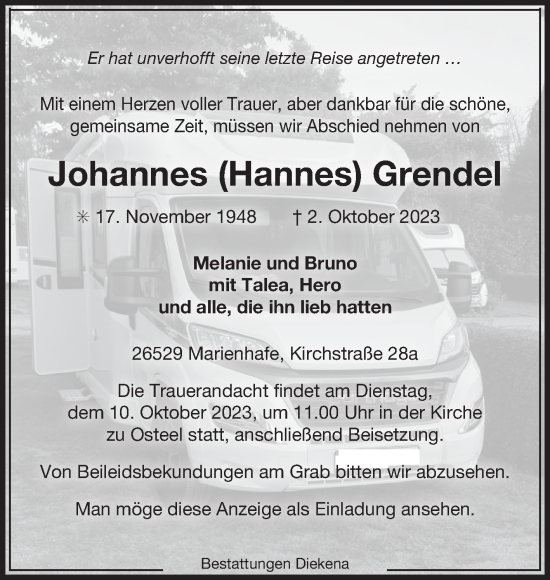 Traueranzeige von Johannes Grendel von Ostfriesischer Kurier GmbH
