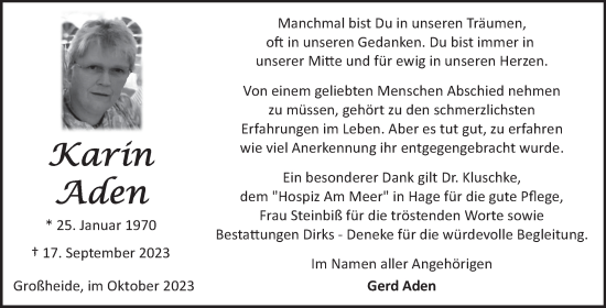 Traueranzeige von Karin Aden von Ostfriesischer Kurier GmbH